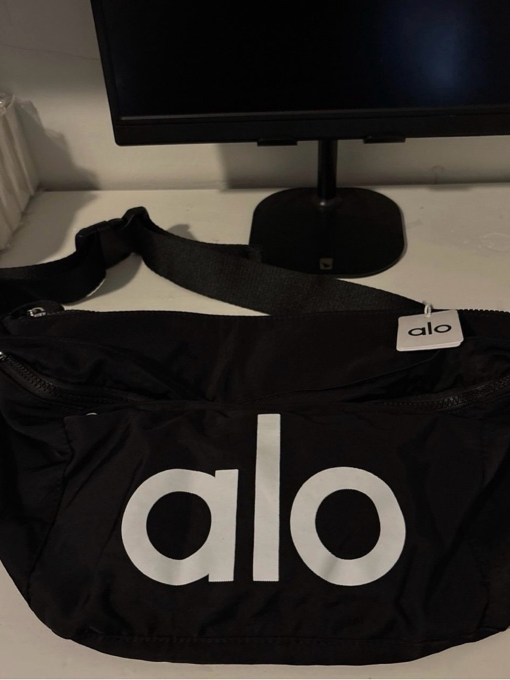ALO Yoga Black Crossbody Fanny Pack with White Logo